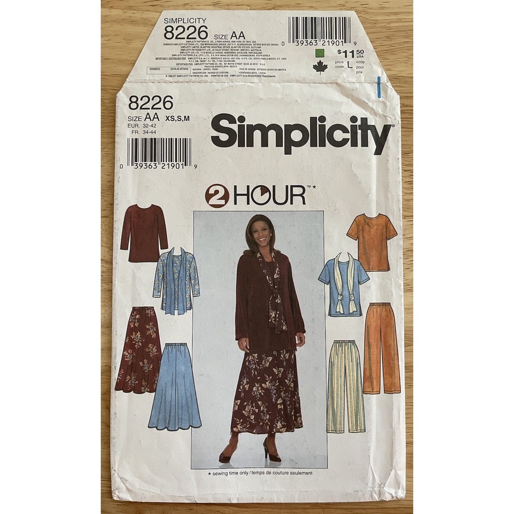 Simplicity 8226 Misses' Shirtvoants Skirt Scarf Sewing‎ Pattern Size XS-M CUT